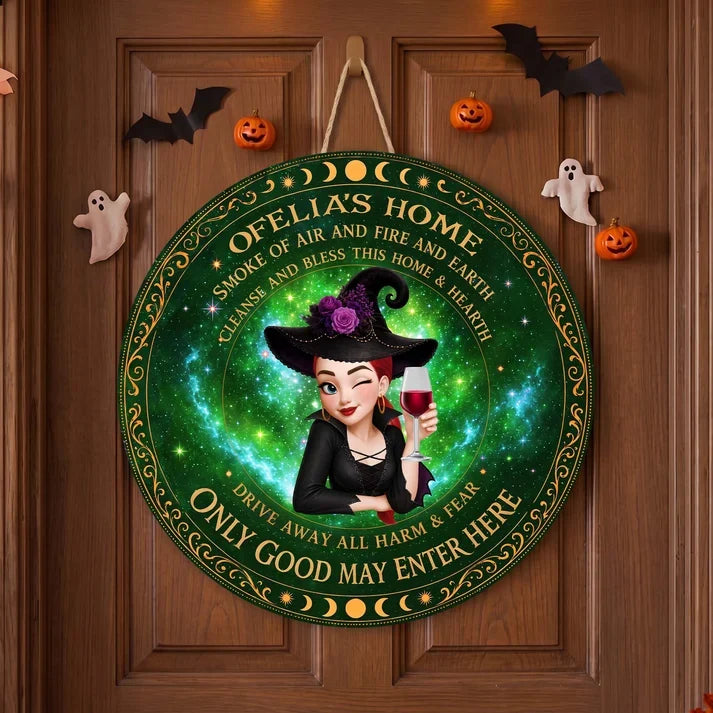 Personalized Wooden Sign with Witch & Moon Design, Halloween Door Decor, Unique Gift for Home Decor Lover