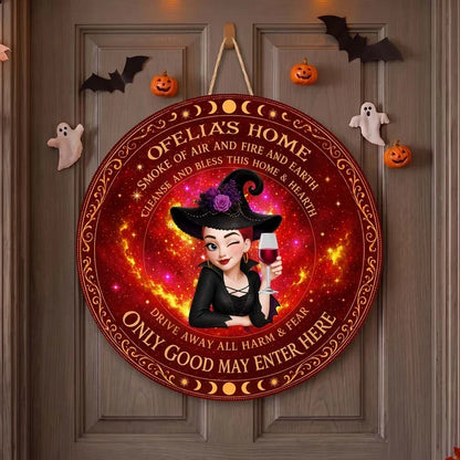 Personalized Wooden Sign with Witch & Moon Design, Halloween Door Decor, Unique Gift for Home Decor Lover