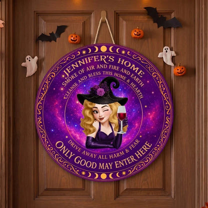 Personalized Wooden Sign with Witch & Moon Design, Halloween Door Decor, Unique Gift for Home Decor Lover