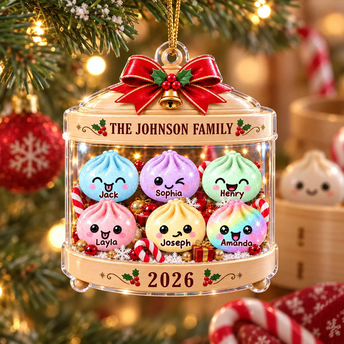 Personalized Acrylic Ornament, Cute Pastel Dumpling Family in Festive Candy Display, Unique Christmas Gift for Family