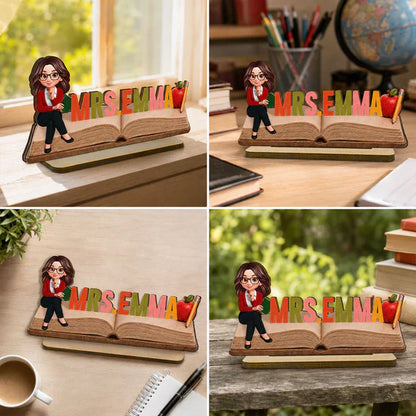 Personalized 2-Layer Wooden Plaque, Open Book Teacher Name Sign, Unique Classroom Desk Gift