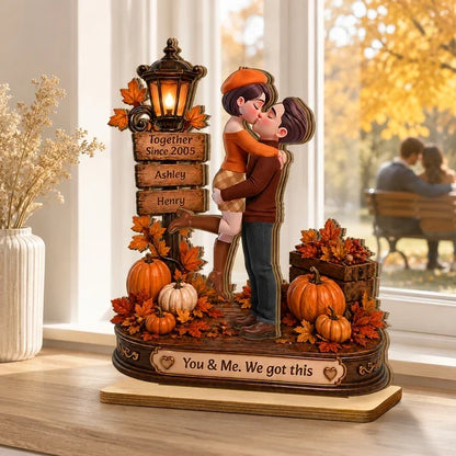 Personalized 2-Layer Wooden Plaque, Kissing Couple in Cozy Fall Scene, Unique Anniversary Gift for Couples