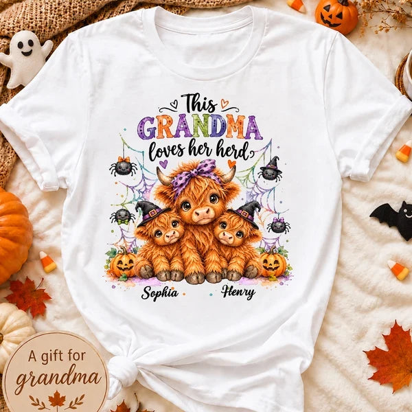 Personalized Grandma Loves Her Herd Sweatshirt, Cute Highland Cows and Spiders, Creative Halloween Gift