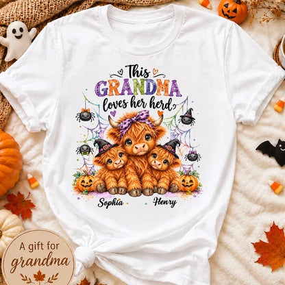 Personalized Grandma Loves Her Herd Sweatshirt, Cute Highland Cows and Spiders, Creative Halloween Gift