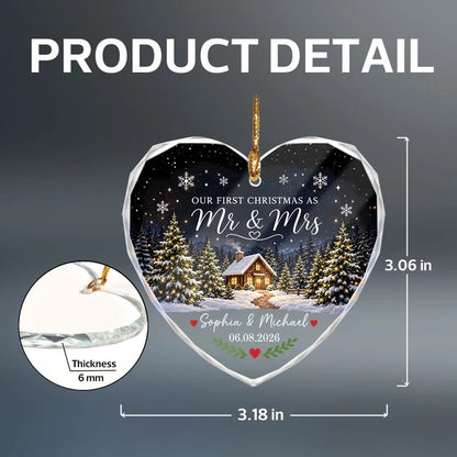 Personalized Crystal Heart Ornament, First Christmas as Mr & Mrs, Snowy Cabin Unique Gift for Couple