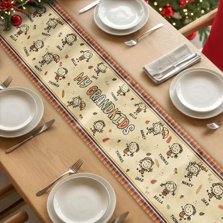 Personalized Table Runner with Grandkid Doodles and Autumn Leaves, Unique Gift for Grandparents