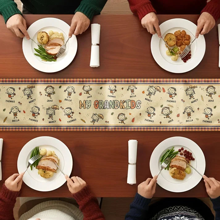 Personalized Table Runner with Grandkid Doodles and Autumn Leaves, Unique Gift for Grandparents