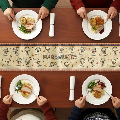 Personalized Table Runner with Grandkid Doodles and Autumn Leaves, Unique Gift for Grandparents