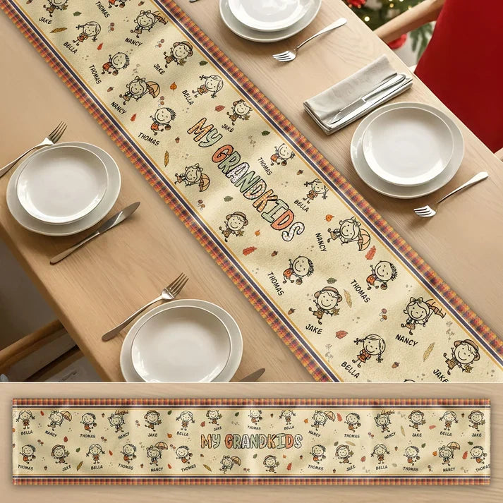 Personalized Table Runner with Grandkid Doodles and Autumn Leaves, Unique Gift for Grandparents