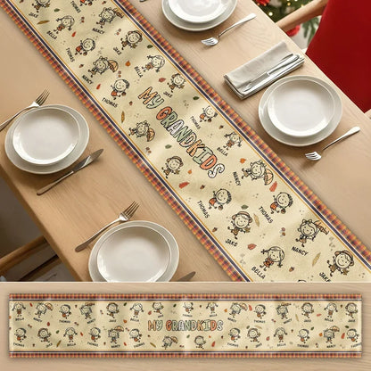 Personalized Table Runner with Grandkid Doodles and Autumn Leaves, Unique Gift for Grandparents
