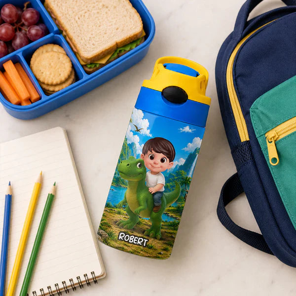 Personalized Kids Water Bottle, Cartoon Child Riding Dinosaur, Unique Creative Gift for Kids at School