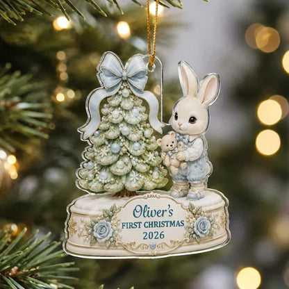 Personalized Acrylic Ornament, Bunny Holding a Teddy by a Christmas Tree, Unique Newborn Gift