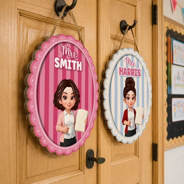 Personalized Wooden Sign for Teacher, Pink Cartoon Classroom Door Decor, Creative Gift for Back to School