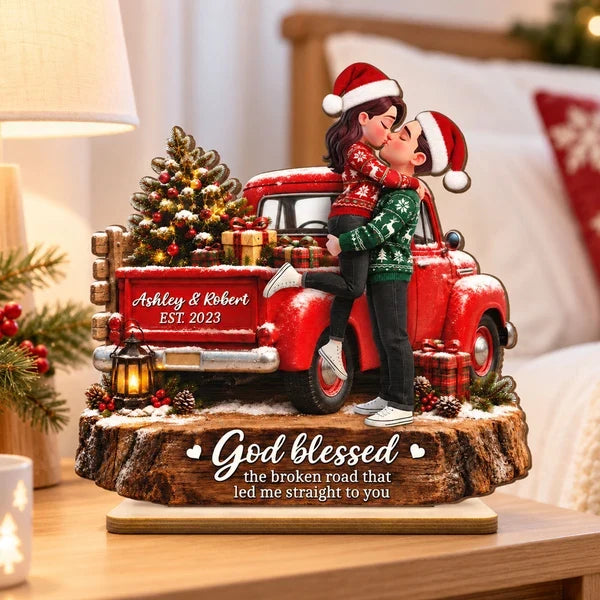 Personalized 2-Layer Wooden Plaque, Kissing Couple by a Red Truck, Unique Christmas Gift for Couples
