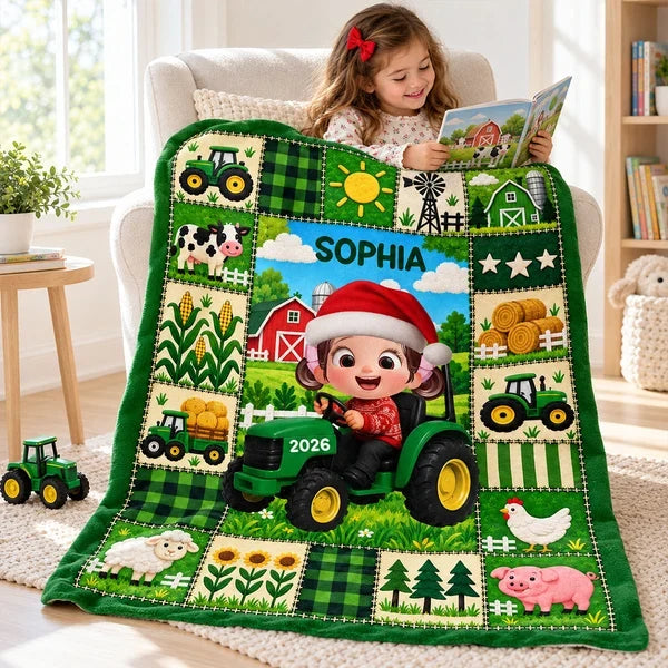Personalized Fleece Blanket, Christmas Farm Boy Driving a Tractor, Unique Gift for Kids and Grandkids