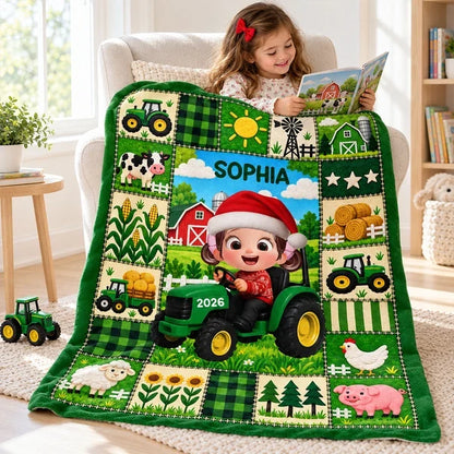Personalized Fleece Blanket, Christmas Farm Boy Driving a Tractor, Unique Gift for Kids and Grandkids