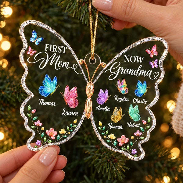 Personalized Acrylic Ornament, Colorful Butterfly Family Keepsake, Unique Christmas Gift for Grandma