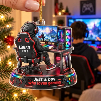 Personalized Acrylic Ornament, Boy Gaming in a Colorful Fantasy Scene, Creative Keepsake Gift for Son or Grandson
