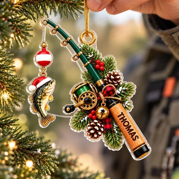 Personalized Fishing Acrylic Ornament, Santa Hat Fish on Snowy Pine, Sentimental Creative Christmas Gift for Dad