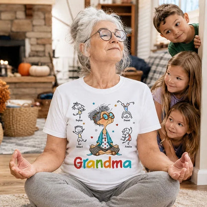 Personalized Grandma Classic Tee, Meditating Cartoon Grandkids Design, Unique Creative Gift for Grandma