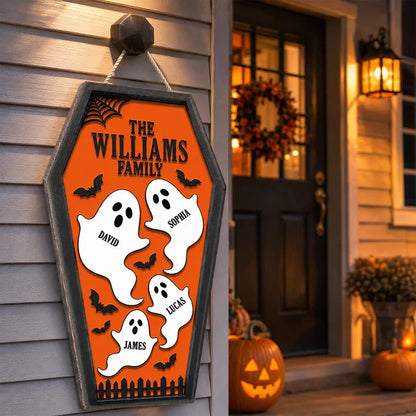 Personalized Ghost Family Wooden Sign, Purple Coffin Halloween Decor, Unique Gift for Family