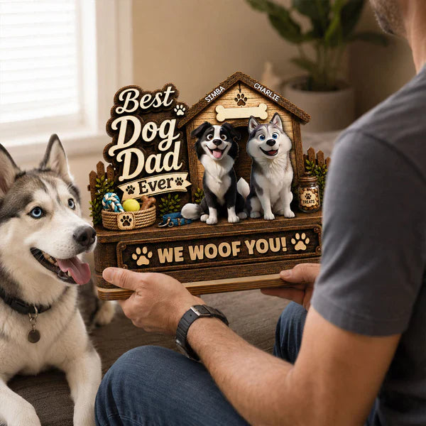 Personalized 2-Layer Wooden Plaque, Smiling Dogs by Doghouse, Unique Gift for Dog Dad