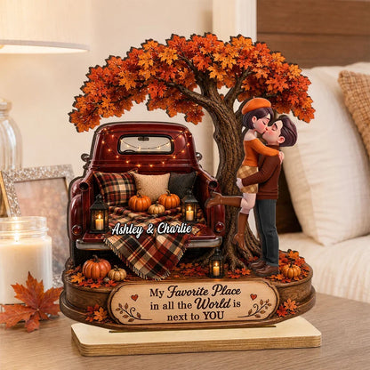 Personalized 2-Layer Wooden Plaque, Kissing Couple by Vintage Truck in Autumn, Unique Gift for Partner