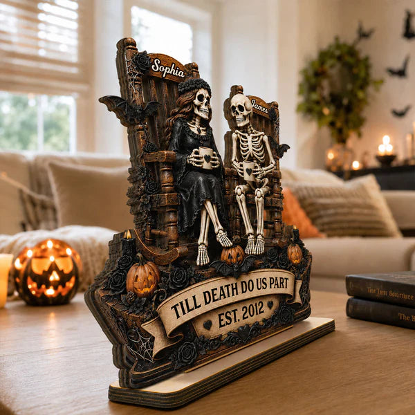 Personalized 2-Layer Wooden Plaque, Sitting Skeleton Couple Halloween Decor, Unique Creative Gift for Couples