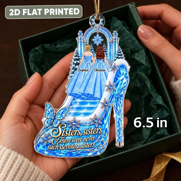 Personalized Acrylic Ornament, Sisters Standing by a Snowy Palace in a Princess Heel, Unique Christmas Gift for Sister