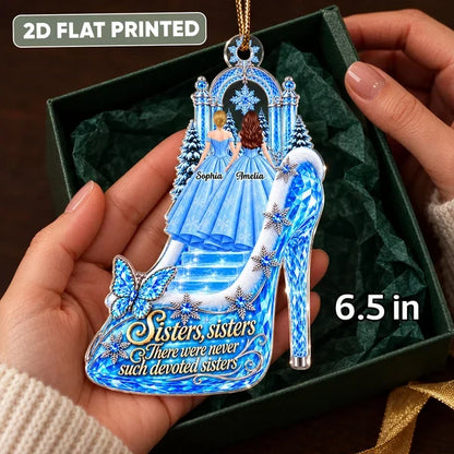 Personalized Acrylic Ornament, Sisters Standing by a Snowy Palace in a Princess Heel, Unique Christmas Gift for Sister