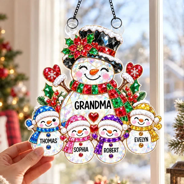 Personalized Grandma Snowman Acrylic Suncatcher Ornament, Colorful Christmas Window Decor, Unique Gift for Grandma