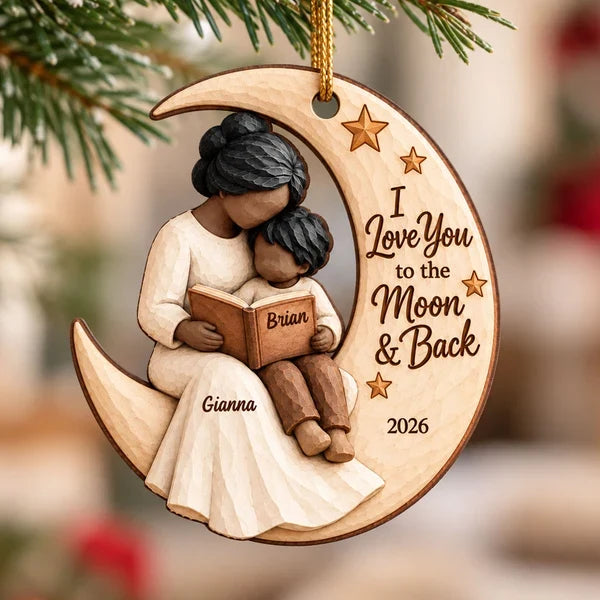 Personalized Wooden Ornament, Grandma & Grandchild Reading on Moon, Unique Christmas Gift for Grandkids