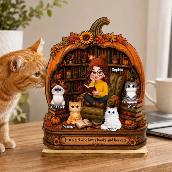 Personalized 2-Layer Wooden Plaque, Reading Girl with Cats in an Autumn Library, Unique Gift for Book Lovers