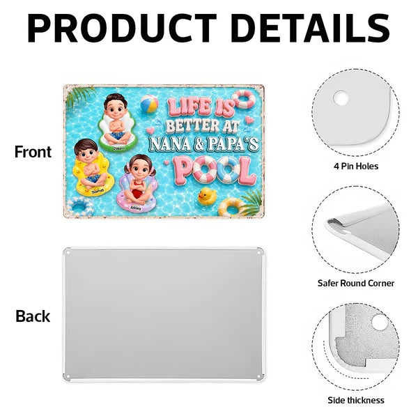 Personalized Rectangular Iron Sign, Kids on Pool Floats, Unique Gift for Nana & Papa's Pool
