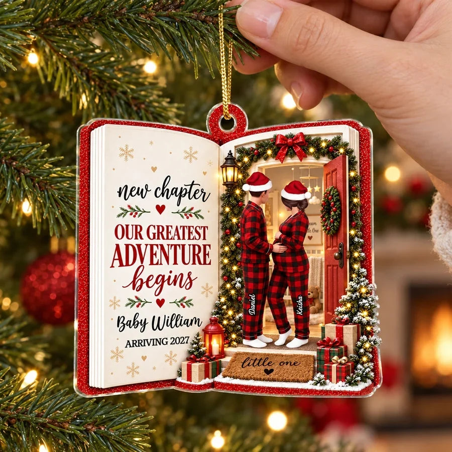 Personalized Acrylic Ornament, New Chapter Couple Cradling Baby Bump in Christmas Scene, Creative Gift for New Parents