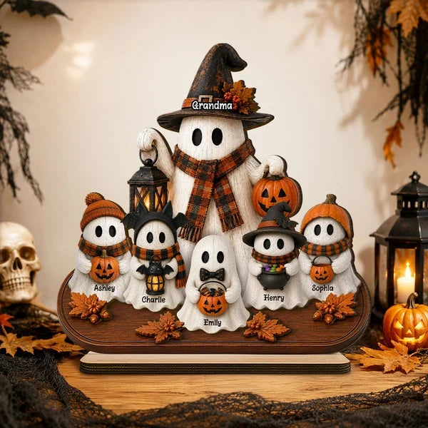Personalized Wooden Plaque, Grandma and Grandkid Ghosts Standing Together, Rustic Halloween, Unique Gift for Grandma