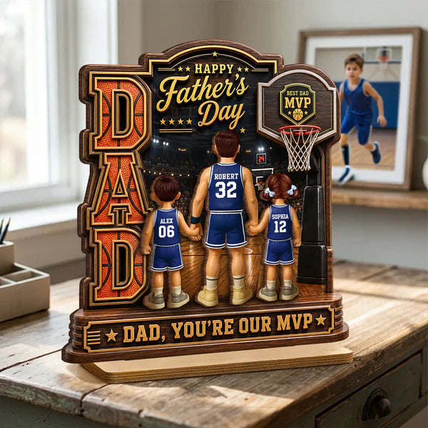 Personalized 2-Layer Wooden Plaque, Basketball Dad Holding Hands On Court, Unique Gift For Dad