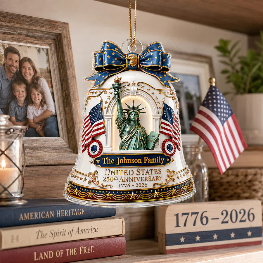 Personalized Acrylic Ornament With Statue of Liberty & Flags, Unique Americana Gift for Family