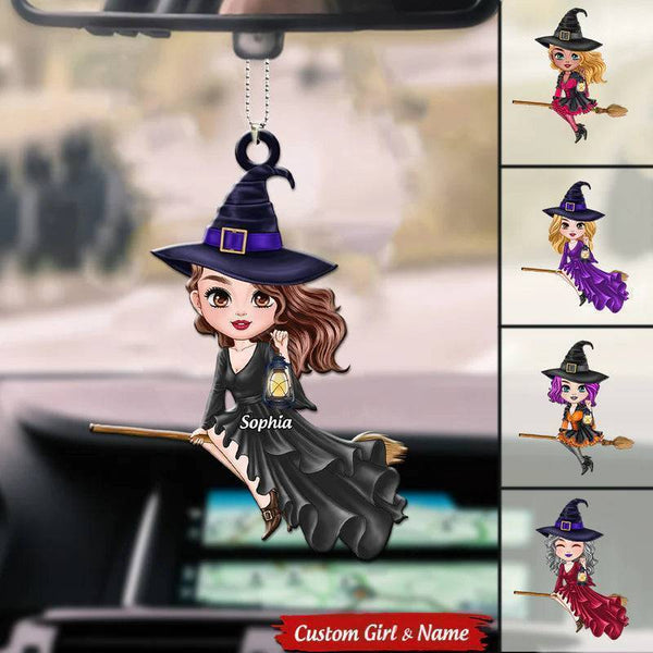 Car Ornament - Witch Riding Broom - Personalized Halloween Gift