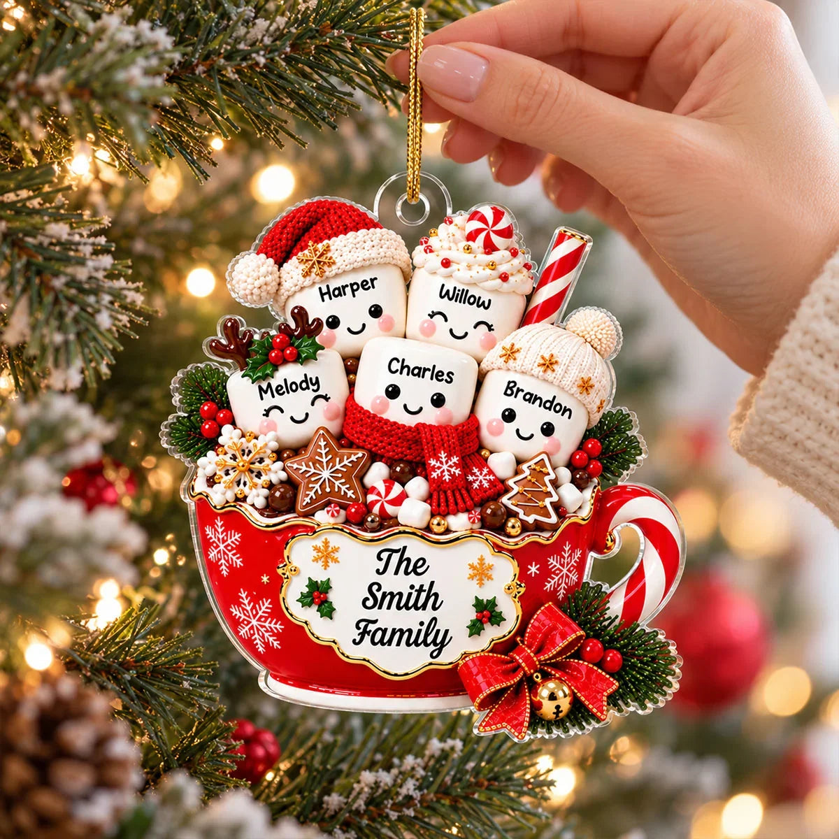 Personalized Acrylic Ornament, Cute Hot Cocoa Marshmallow Family, Unique Holiday Gift for Families