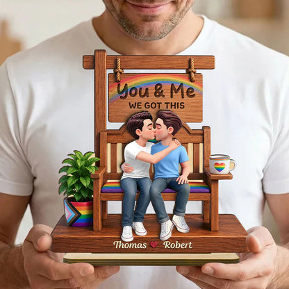 Personalized 2-Layer Wooden Plaque with Kissing Pride Couple, Unique Creative Gift for LGBTQ Couple