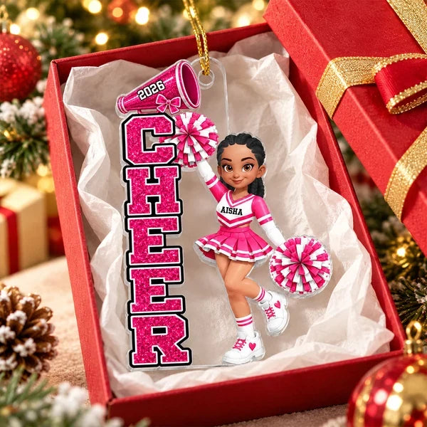 Custom Acrylic Ornament, Cheerleader with Raised Pom-Poms, Red & Pink Christmas Tree Decor, Creative Gift for Cheerleaders