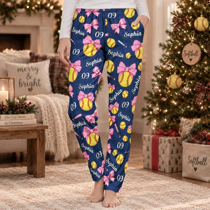 Personalized Printed Lounge Pants with Coquette Bows and Softballs, Unique Gift for Cozy Nights at Home