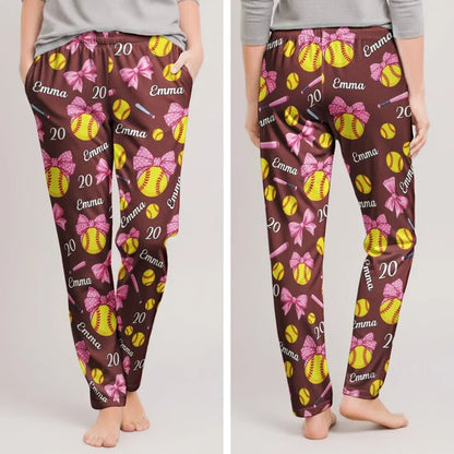 Personalized Printed Lounge Pants with Coquette Bows and Softballs, Unique Gift for Cozy Nights at Home