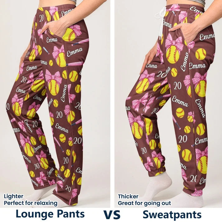 Personalized Printed Lounge Pants with Coquette Bows and Softballs, Unique Gift for Cozy Nights at Home