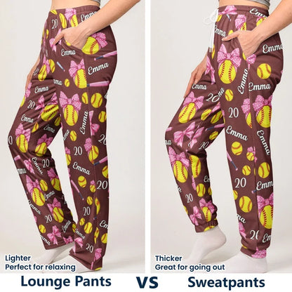 Personalized Printed Lounge Pants with Coquette Bows and Softballs, Unique Gift for Cozy Nights at Home