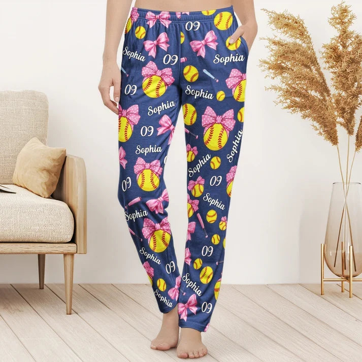 Personalized Printed Lounge Pants with Coquette Bows and Softballs, Unique Gift for Cozy Nights at Home