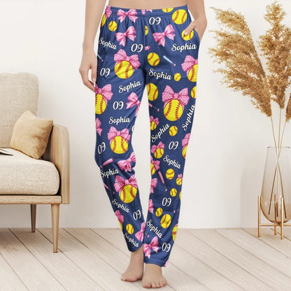 Personalized Printed Lounge Pants with Coquette Bows and Softballs, Unique Gift for Cozy Nights at Home