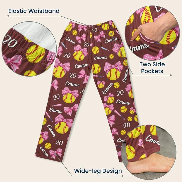 Personalized Printed Lounge Pants with Coquette Bows and Softballs, Unique Gift for Cozy Nights at Home