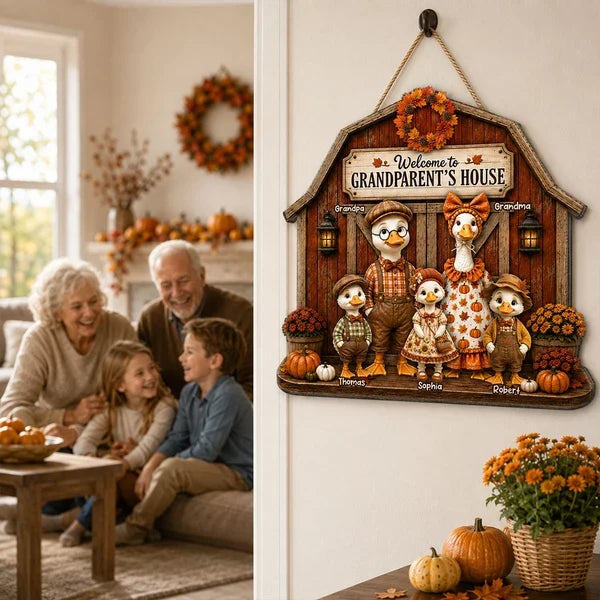 Personalized Wooden Sign, Rustic Autumn Goose Family at Grandparents' House, Unique Gift for Grandma & Grandpa